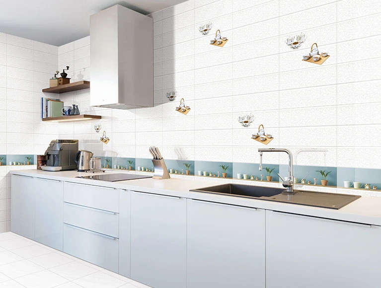 Simple kitchen design with fruit-themed 3D tiles